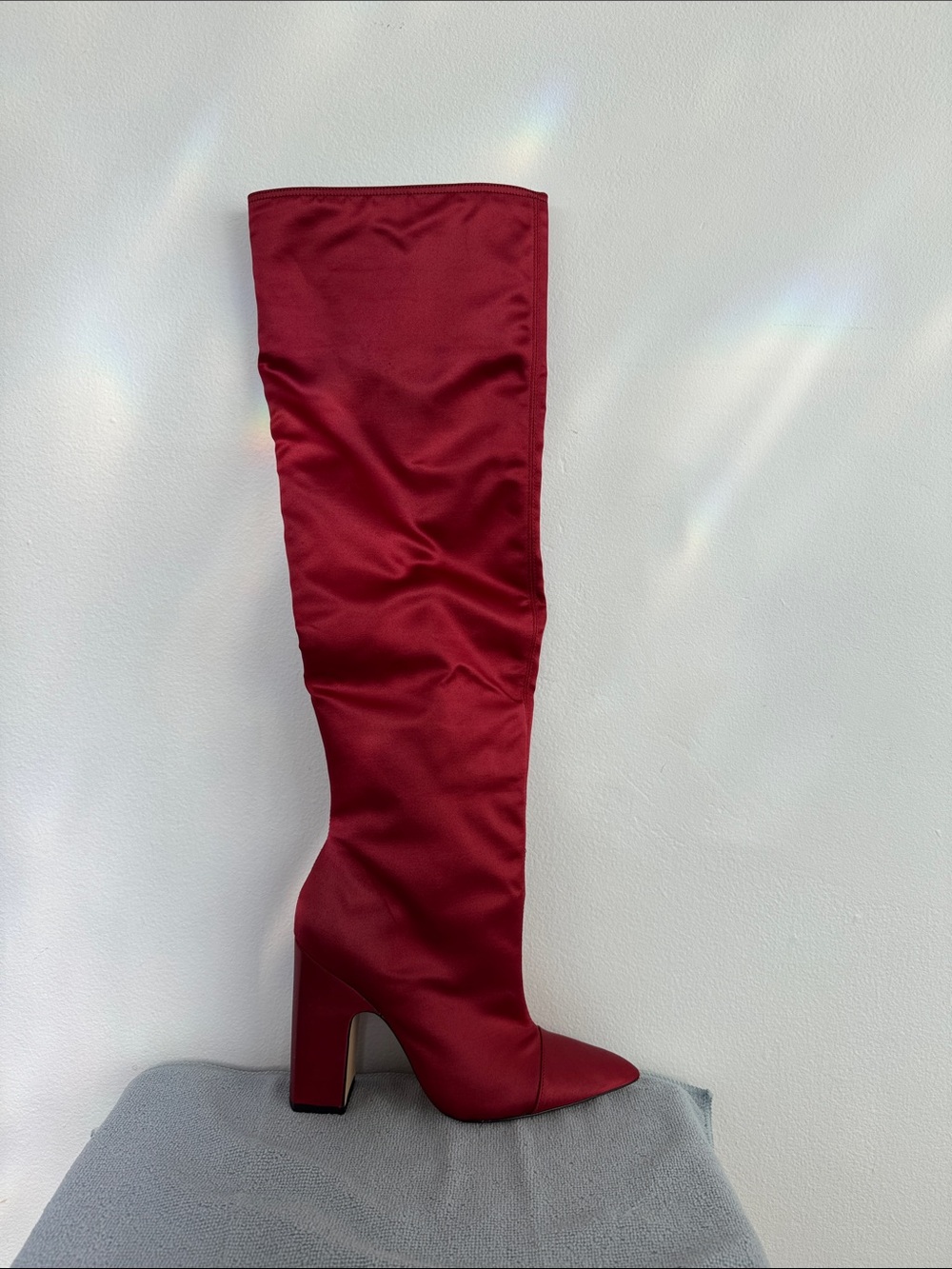 Zara Women's Satin Over-the-Knee Block Heel Boot Red - circa 2010s